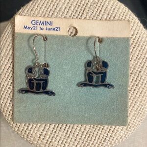 70s vintage Gemini Zodiac Earrings in Blue and Silver